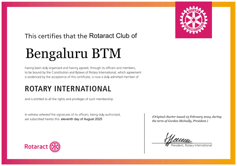 Rotaract Bengaluru BTM charter certificate